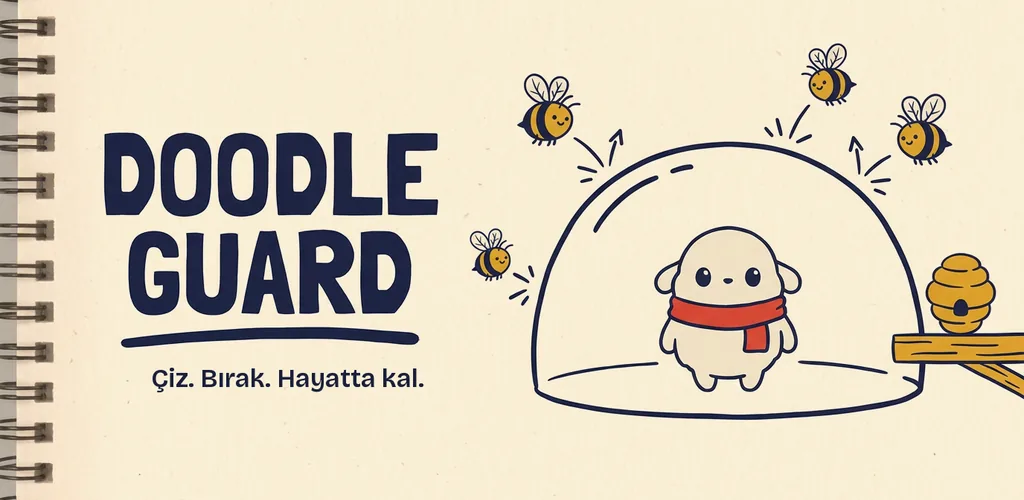 Doodle Guard: defter kâğıdında, arıların uçuştuğu elle çizilmiş bir kubbenin altındaki kahraman.
